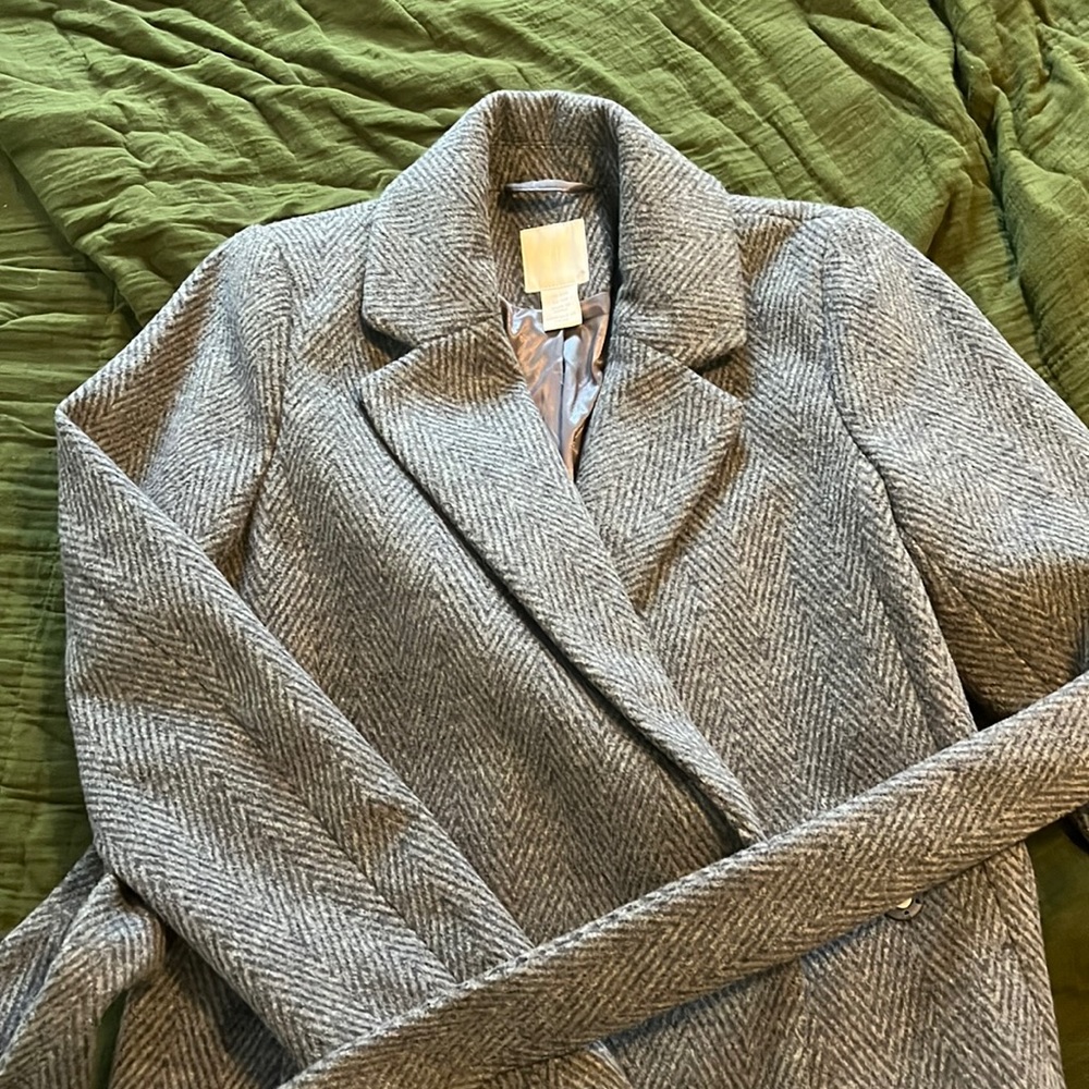 Long dark gray chevron wool blend coat with belt